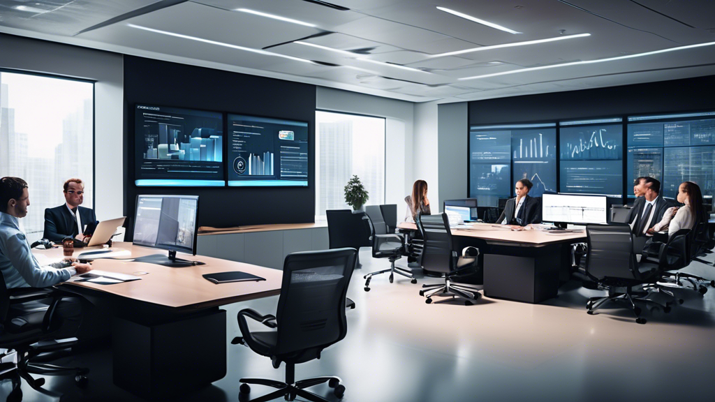 Create an image showing a corporate office setting where executives are gathered around a large digital screen displaying Oracle ERP dashboards. The screen should show various charts, graphs, and data analytics in real-time. The background should include elements that represent a technologically advanced office, such as sleek furniture and multiple computer monitors. Include a caption that reads: Enhanced decision-making with real-time data analytics using Oracle ERP.