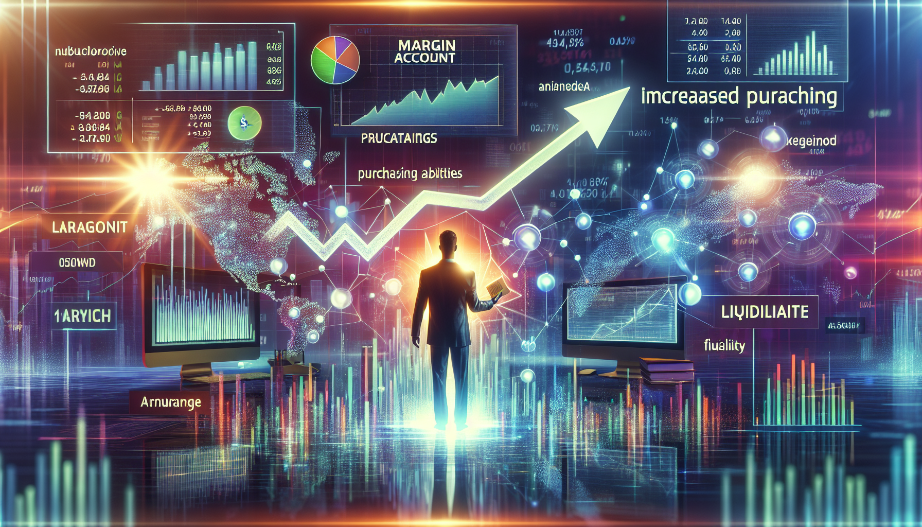 Create an image illustrating the key advantages of using a Schwab margin account. The scene should depict a confident investor surrounded by holographic financial graphs and charts, showcasing increased buying power, leverage amplifying returns, and liquidity flexibility. Include elements like a computer screen displaying Schwab