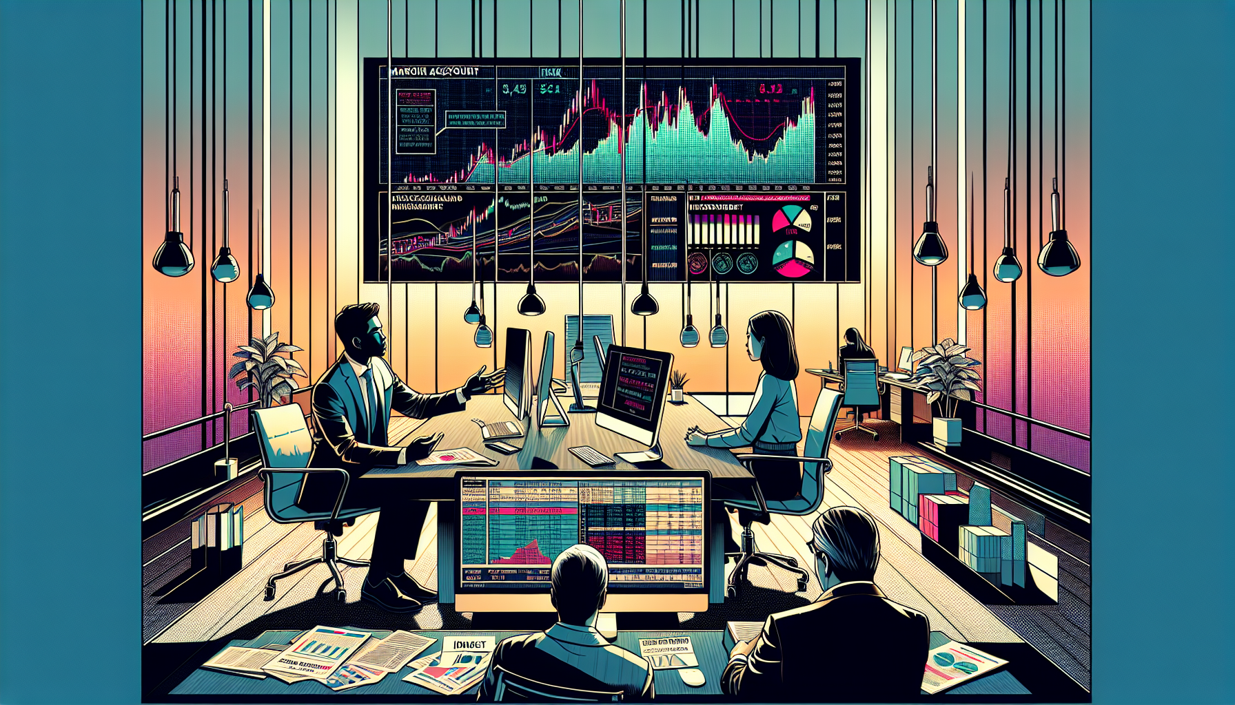 Create an image illustrating the complexities and considerations of managing a Schwab margin account. The scene features a smartly dressed financial advisor at a modern office desk, explaining the concept of margin calls and interest rates to an attentive investor. In the background, a graph on a computer screen shows fluctuating market data, highlighting the risks and potential returns of leveraged investments. Elements like a stack of financial documents labeled Risk Management and charts depicting interest rates emphasize the nuanced details the advisor is covering. The atmosphere conveys a blend of caution and informed decision-making.