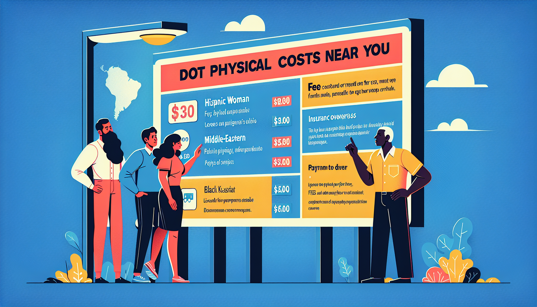 Prompt: An illustrated guide presenting an infographic detailing the average costs of DOT physicals across various locations. Include elements showing a range of price variations influenced by factors such as facilities and locations, alongside icons representing different payment methods and insurance coverages. Add visual tips on finding affordable DOT physical services, with a diverse range of people looking at a large, welcoming sign that reads 