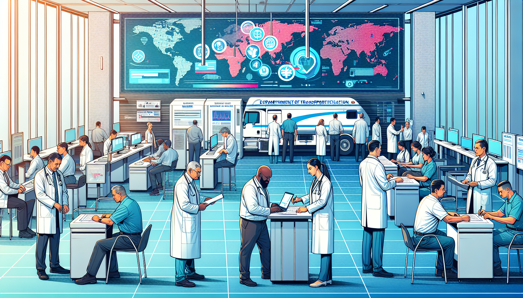Detailed illustration of a busy occupational health center, with multiple sections showcasing various medical personnel performing DOT physicals on commercial drivers, while a visible digital map interface hovers in the background displaying nearby health facilities offering these services. Emphasize on quality and professionalism with each healthcare worker carefully examining their respective clients.