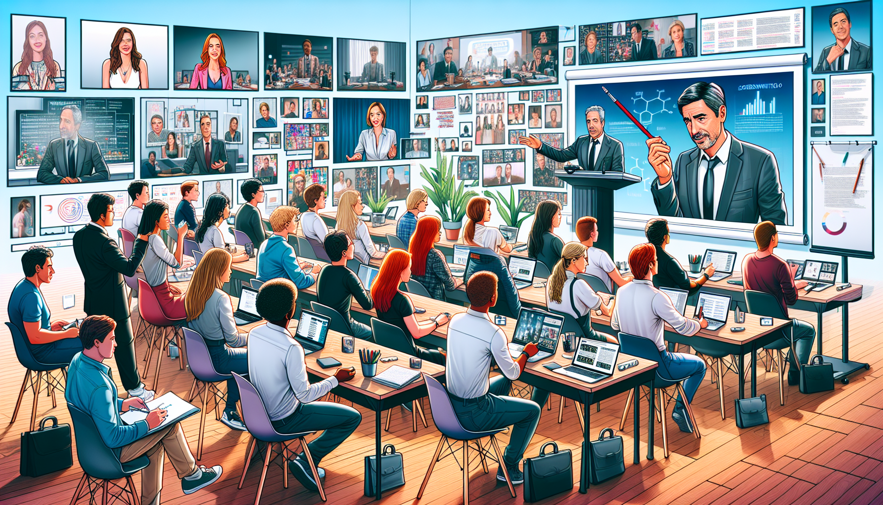 **DALL-E Prompt:** An engaging virtual classroom setting where a diverse group of students are participating in an online screenwriting session. The central focus is on an experienced instructor, a well-known screenwriter, sharing insights on a large screen. Several students appear attentive, taking notes, and interacting through video calls on their individual devices. In the background, guest speakers from the film and television industry are joining in via smaller screens. The scene should convey a sense of vibrant activity, professional engagement, and a strong network-building atmosphere. The virtual environment should also feature elements like digital scripts, storyboards, and interactive chat windows, emphasizing the online nature of the program.