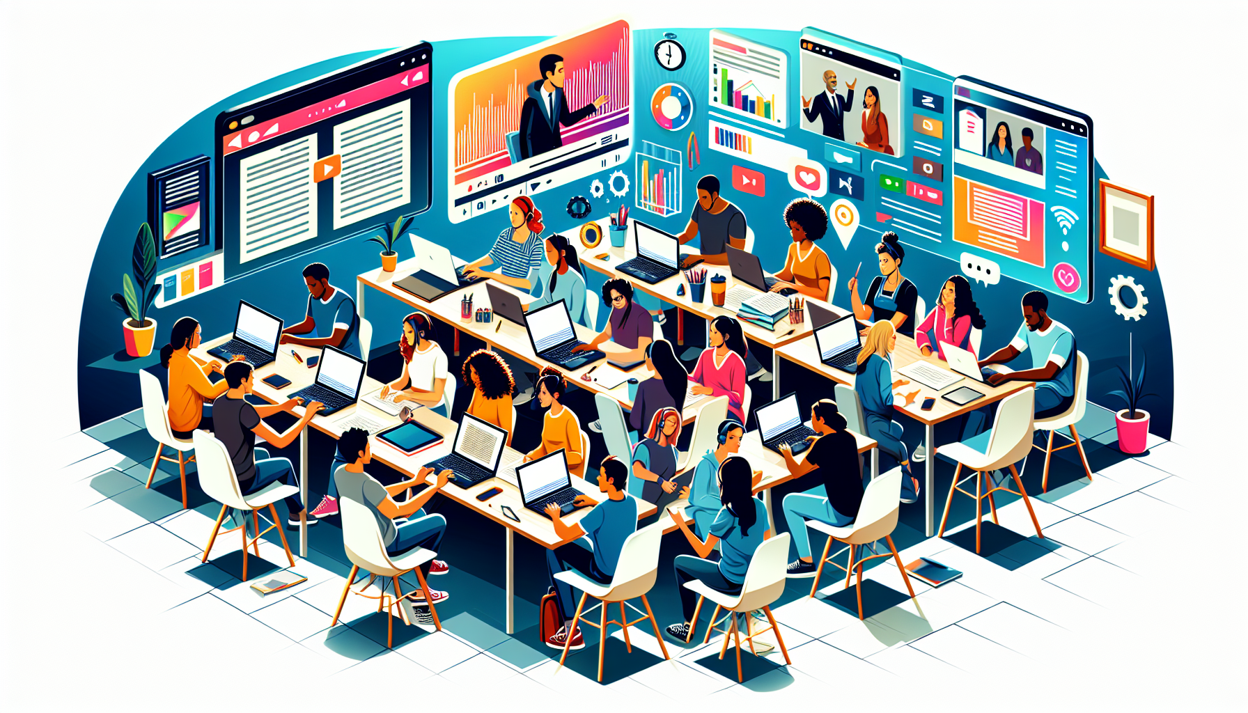 Create an image that captures the essence of a comprehensive curriculum and cutting-edge resources provided by an online screenwriting program. Picture a virtual classroom with students engaged on their laptops, surrounded by digital tools like scriptwriting software, video lectures on screens, and interactive assignments displayed. Include a diverse group of students collaborating and receiving real-time feedback from an expert instructor on a video call, making the environment dynamic and conducive to learning. The scene should showcase the rich, multimedia resources that elevate the screenwriting educational experience.