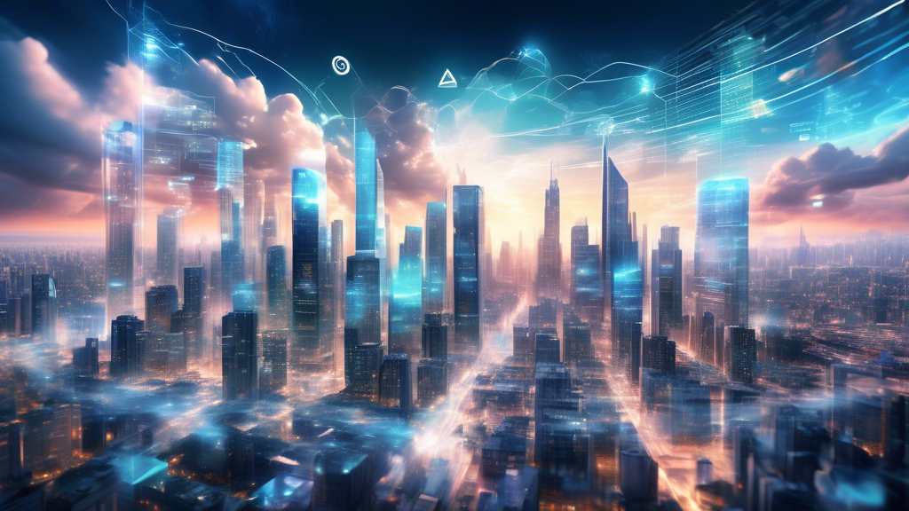 Create an image that illustrates the following:

A futuristic city skyline with glowing skyscrapers incorporating wide digital panels. In the sky, massive, transparent cloud formations filled with data streams and digital imagery. Prominent in the sky is a large, holographic Google Cloud logo, symbolizing its overarching influence and vision for the future. people in business attire and casual clothes interact with augmented reality displays, representing both enterprise and personal users benefiting from advanced cloud technologies.

Use colors such as blues and silvers to give a sleek, high-tech appearance.