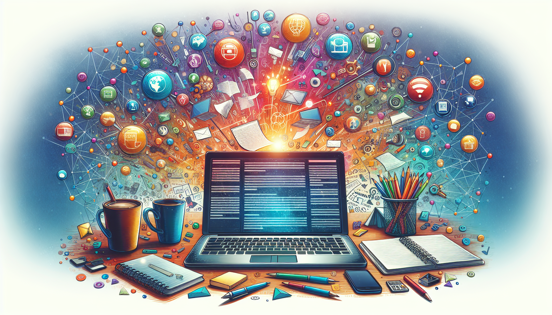 Create a DALL-E image prompt:

An image of a creative workspace focused on screenwriting, featuring a laptop with multiple tabs open showing popular online screenwriting schools and platforms, and a digital screenwriting software interface. Surrounding the workspace are icons representing online communities and forums. The scene is vibrant and inspiring, with a background hinting at a global connectedness through a digital network. Include elements like coffee mugs, notebooks, and script pages to add a touch of realism to the workspace.