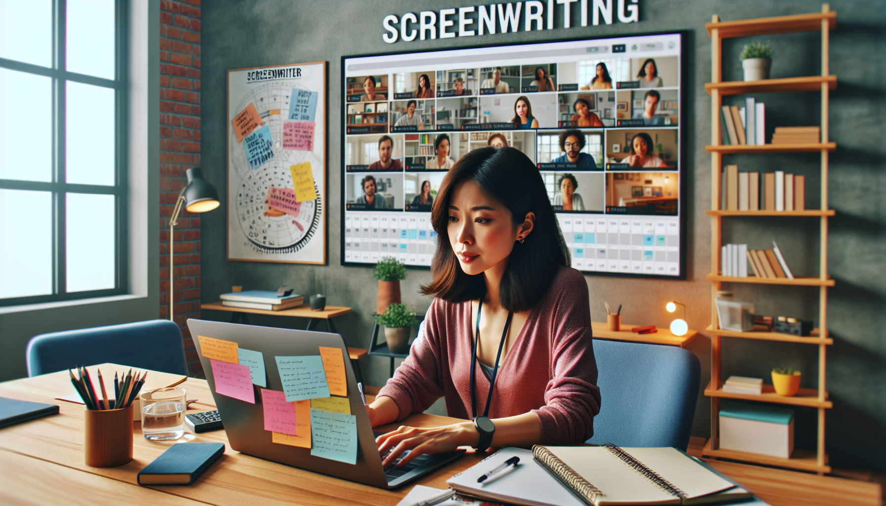 Create an image of an aspiring screenwriter sitting at a stylish, modern desk in a well-lit home office, surrounded by a laptop, notebooks, and sticky notes. The screenwriter looks focused and engaged, with a large calendar on the wall marked with scheduled writing sessions. A virtual meeting with fellow writers is happening on the laptop screen, showcasing an online networking session. Warm, motivational artwork or posters related to screenwriting decorate the room. The overall atmosphere should convey productivity and dedication in an online learning environment.