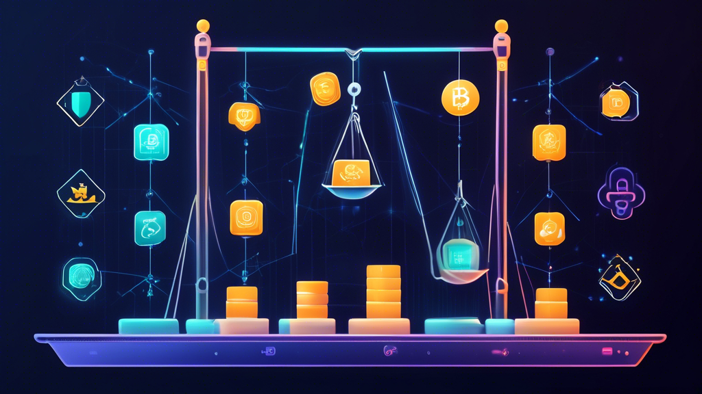 Create an image of a balanced scale, symbolizing the advantages and challenges of crypto decentralized finance (DeFi). On one side of the scale, display icons representing transparency, accessibility, and innovation to signify the benefits. On the other side, show icons representing security risks, regulatory concerns, and complexity. The background should feature a combination of traditional financial symbols and digital blockchain graphics to represent the comparative analysis between traditional finance and DeFi. Use a modern and sleek design to reflect the cutting-edge nature of the subject.