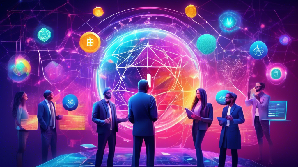 Create an imaginative and futuristic digital art piece depicting the evolution and future of crypto decentralized finance. Showcase advanced blockchain networks as ethereal, interconnected nodes glowing with vibrant colors. Incorporate elements of innovation like AI-driven smart contracts and virtual reality financial interfaces. Illustrate experts discussing future predictions, surrounded by holographic charts and futuristic financial symbols. Include imagery of regulatory bodies represented as wise avatars ensuring the stability and growth of DeFi in the digital landscape. The atmosphere should be inspiring, forward-thinking, and technologically advanced, capturing the limitless potential of the future of DeFi. Keyword: crypto decentralized finance.