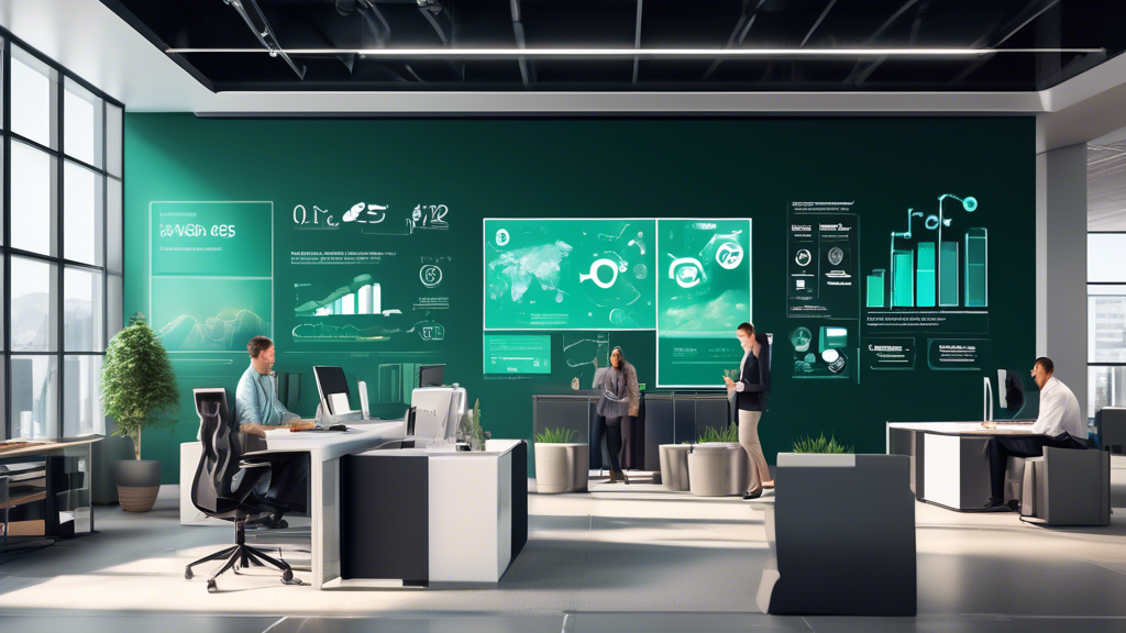 Create an image showcasing a modern office environment where employees are seamlessly using IT resources. Display digital dashboards with scalable charts and infographics highlighting growth and efficiency. Include visual elements like servers, cloud icons, and HPE GreenLake logos to emphasize flexibility and scalability. Incorporate small inserts or snapshots of company success stories and cost efficiency graphs, demonstrating how businesses benefit from adaptable IT management.