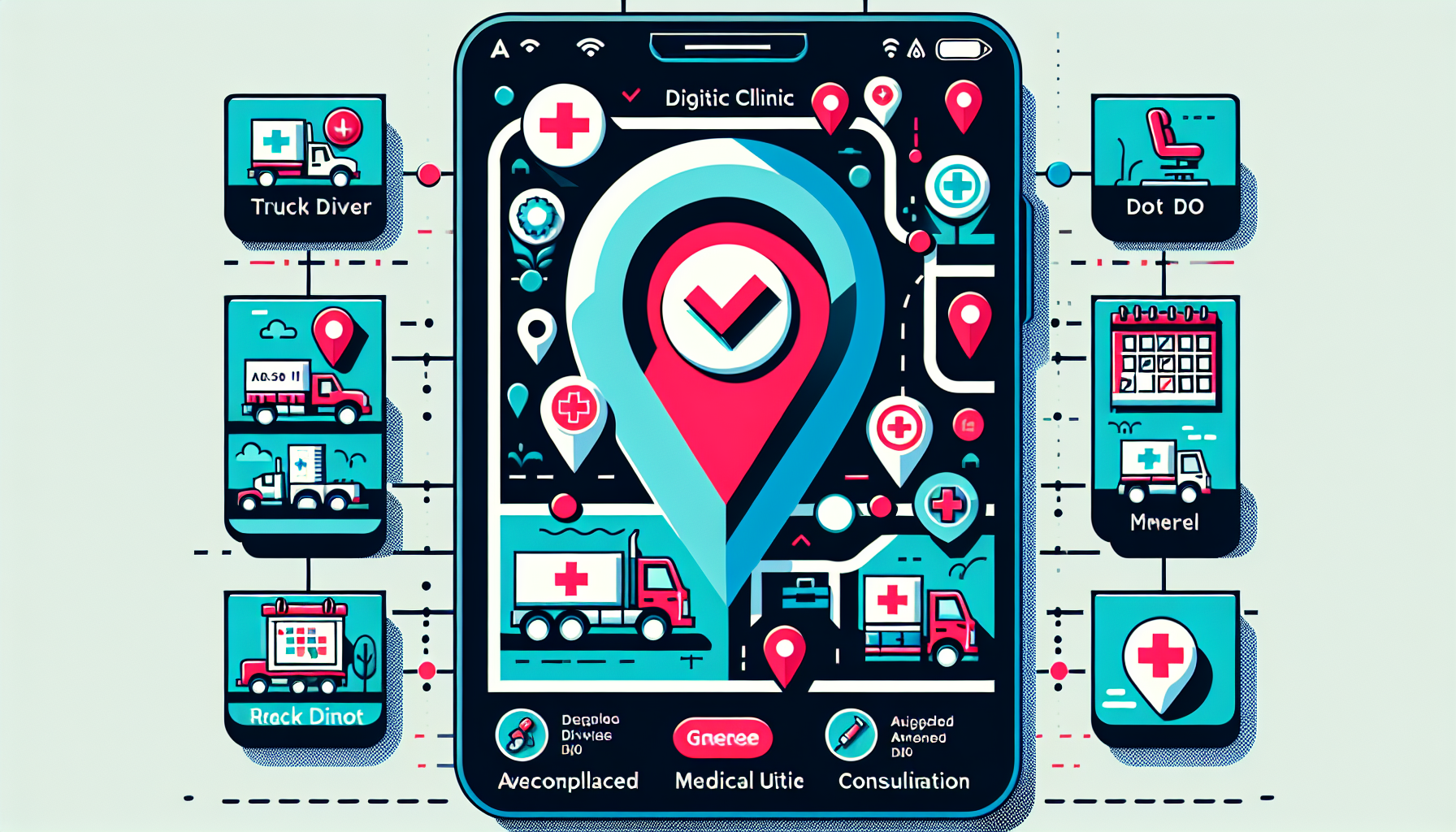 Digital map on a smartphone screen showing various medical clinic locations marked with symbols, highlighting one that features a big red check mark representing a recommended place for an easy DOT physical near me, with icons of truck drivers, medical tools, and a calendar with available appointment dates floating around it.