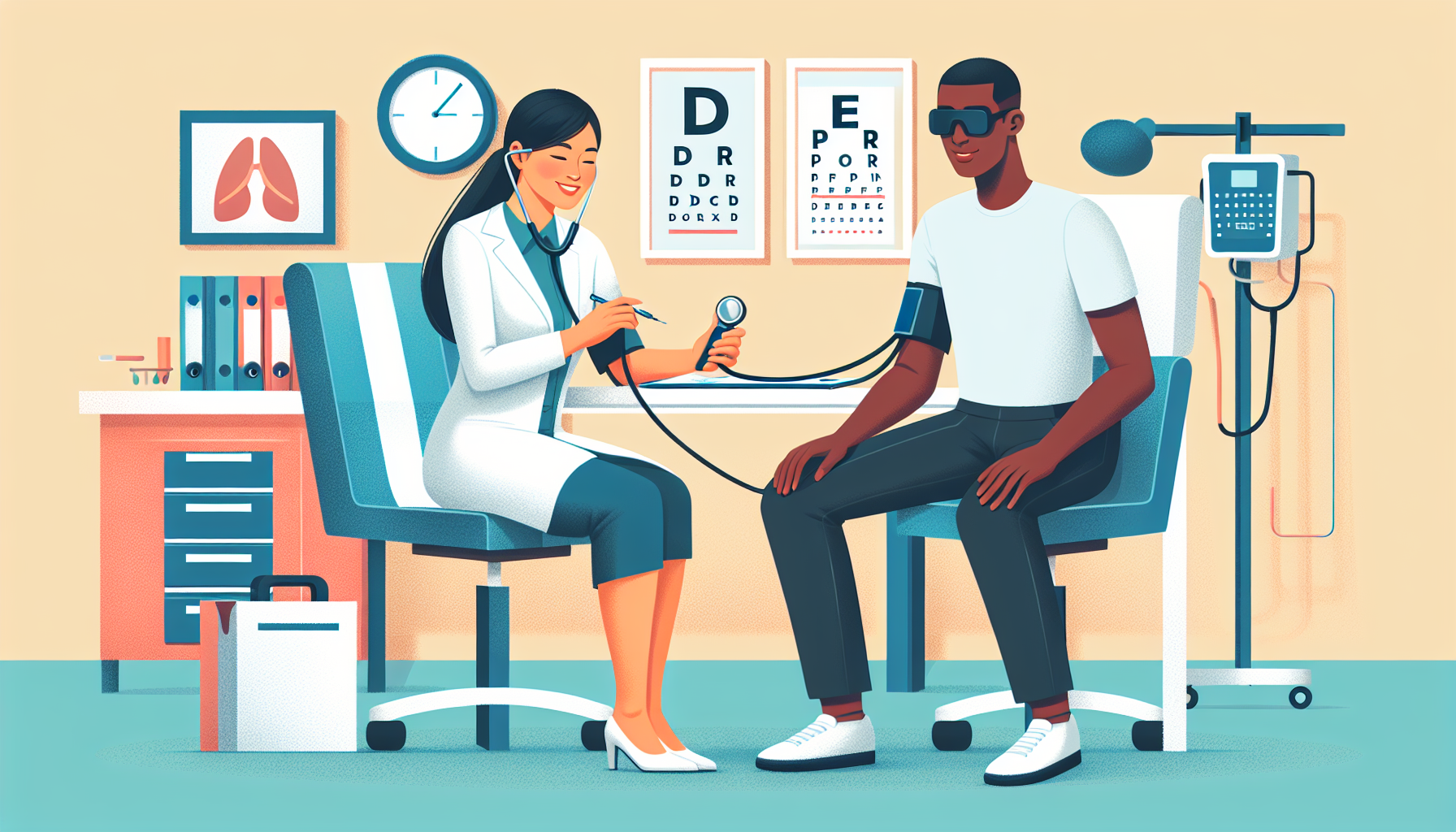 Detailed illustration showing a friendly doctor conducting a DOT physical exam in a well-equipped clinic, including vision, hearing, and blood pressure tests, with a patient looking relaxed and prepared with necessary documents in hand.