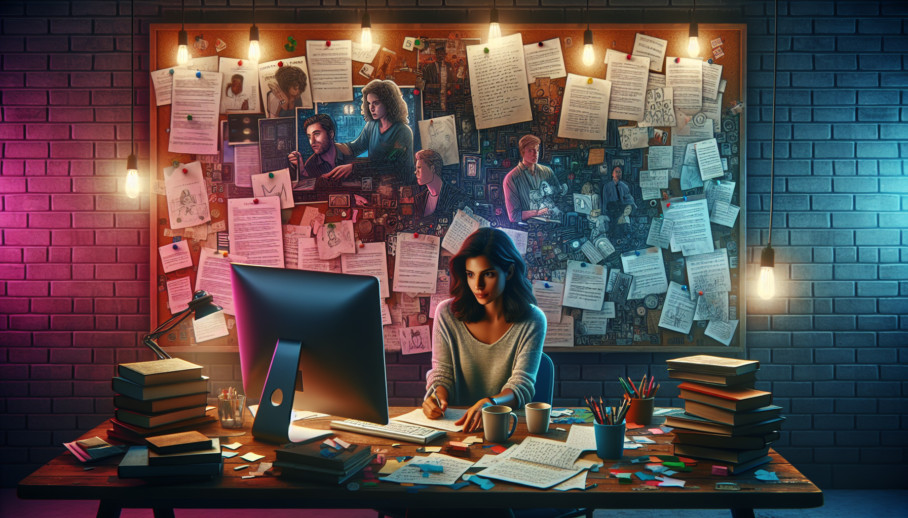 Create an image showing a dedicated writer in a cozy, well-lit room, surrounded by notes and drafts, working diligently on a screenplay. Include elements like a corkboard with character sketches and plot outlines, books about screenwriting on the table, and a computer screen displaying a script. The writer is visibly focused, embodying the process of Developing an Engaging Plot and Characters and Polishing Your Screenplay. There are also a couple of friends or colleagues reviewing the script with constructive feedback, illustrating the importance of Getting Feedback.