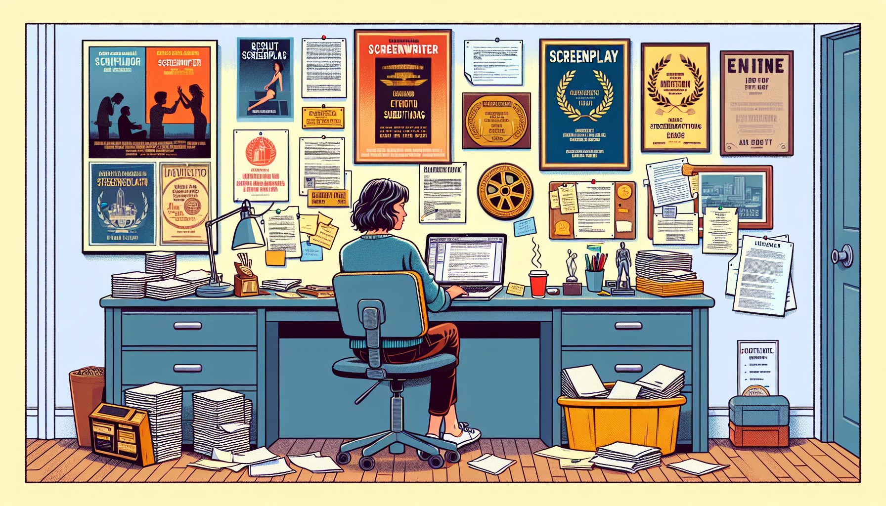 Create a detailed and visually striking image of a determined screenwriter at a desk in a cozy, well-lit home office. The room is adorned with screenplay posters and awards, stacks of papers, and a laptop displaying a query letter. A bulletin board behind the desk is filled with pinned notices like film festival flyers, competition deadlines, and production company logos. On the desk, a coffee cup steams beside a list of tips and best practices. The atmosphere conveys dedication, focus, and the professional process of navigating screenplay submissions.