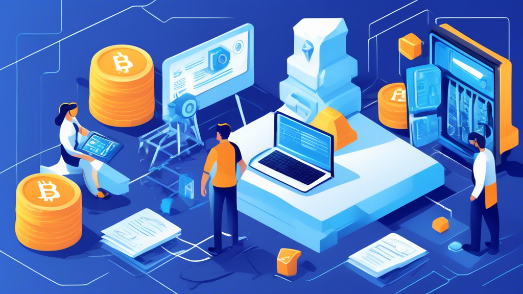 Create an image showcasing a step-by-step guide for securing crypto equipment financing. The image should include illustrations of miners and crypto equipment, a checklist of eligibility criteria, a stack of required documents, and tips for the application process. The scene should convey a sense of organization and clarity, with vibrant colors and a professional, modern design.