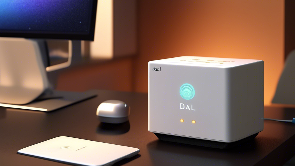 Create an image of the DALL-E prompt: 

A sleek and modern Sunrise Fiber Internet Box displayed prominently on a desk. Highlight its high-tech features with a glowing aura that illustrates its Dual-Band Wi-Fi capability and an array of connection ports. The background should include a diagram comparing download and upload speeds, and an exploded view showcasing the internal components. Various symbols indicating advanced security settings and enhanced Wi-Fi range should be subtly integrated into the design.