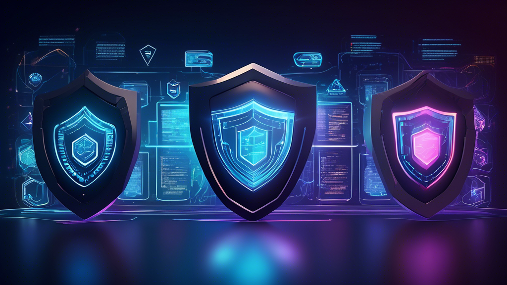 Create a digital artwork that depicts a diverse lineup of Smart DNS Proxy Servers represented as futuristic digital shields. Each shield has a glowing emblem with different features, such as speed, pricing, and user experience icons. The background should be a high-tech control room filled with holographic screens displaying performance charts and user reviews. The scene should convey a sense of cutting-edge technology and reliability in 2023.