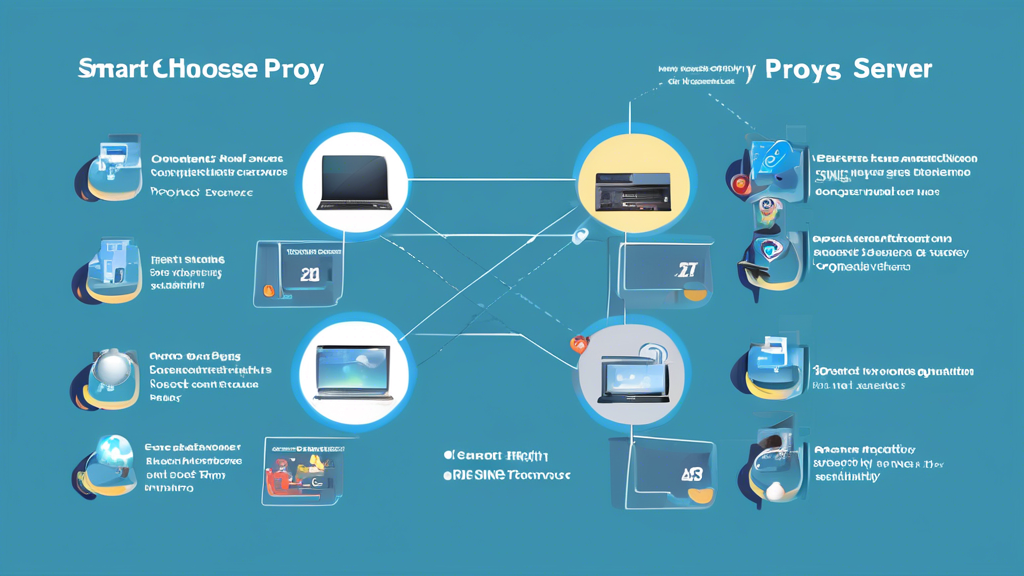 Generate an image that visually explains How to Choose the Right Smart DNS Proxy Server for Your Needs. The image should feature different devices such as a laptop, smartphone, smart TV, and gaming console, all connected to a central server. The server should have labels pointing to factors like Compatibility with Devices and Operating Systems, Speed and Reliability of Service, and Performance Optimization Tips. The background can include subtle tech-themed graphics to highlight the technological aspect.