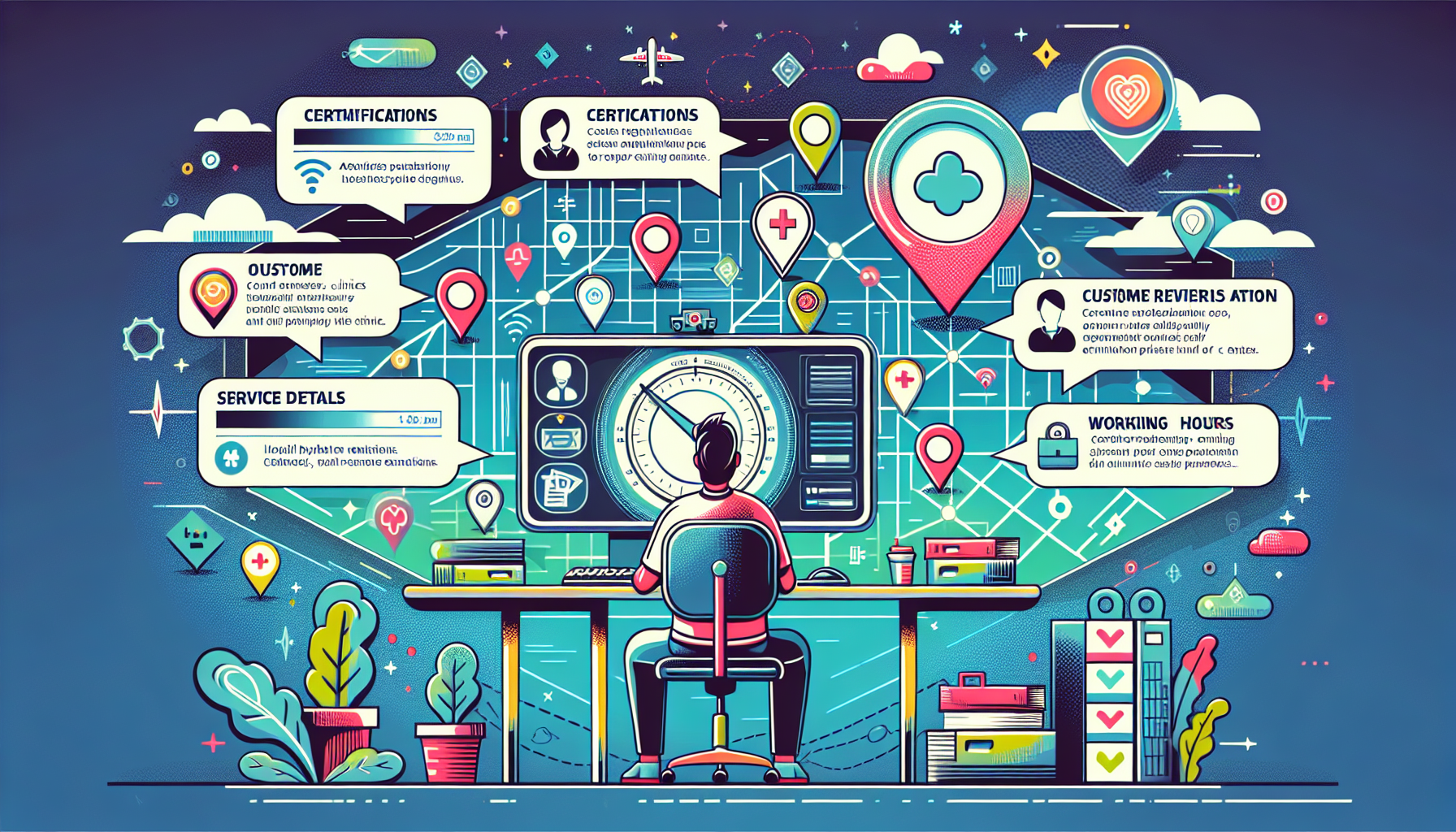 An illustration depicting a person sitting at a computer, searching through a digital map filled with pins and icons representing local healthcare centers that offer permit physical exams. Above the map, text banners show words like 