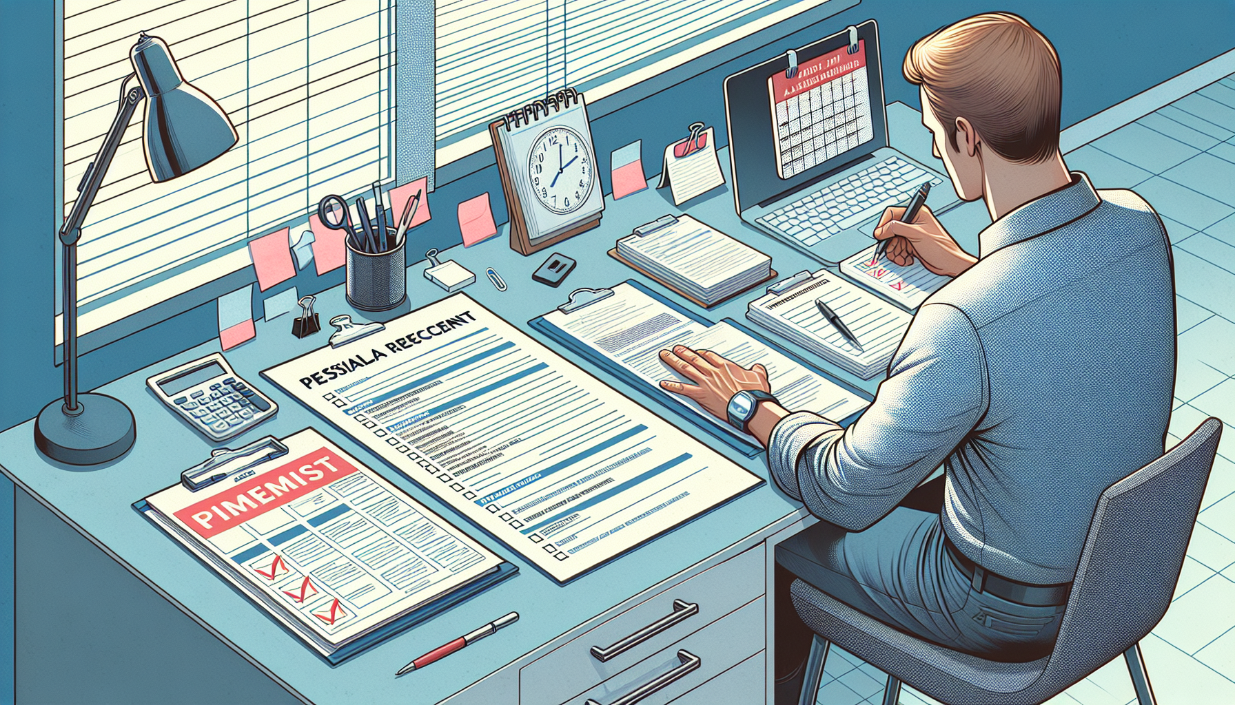 An illustrated visual guide displaying an individual meticulously organizing a set of documents and medical records, with a checklist visible in the foreground, all neatly laid out on a home office desk, with a calendar marked with a date for a permit physical exam, emphasizing preparation and organization.