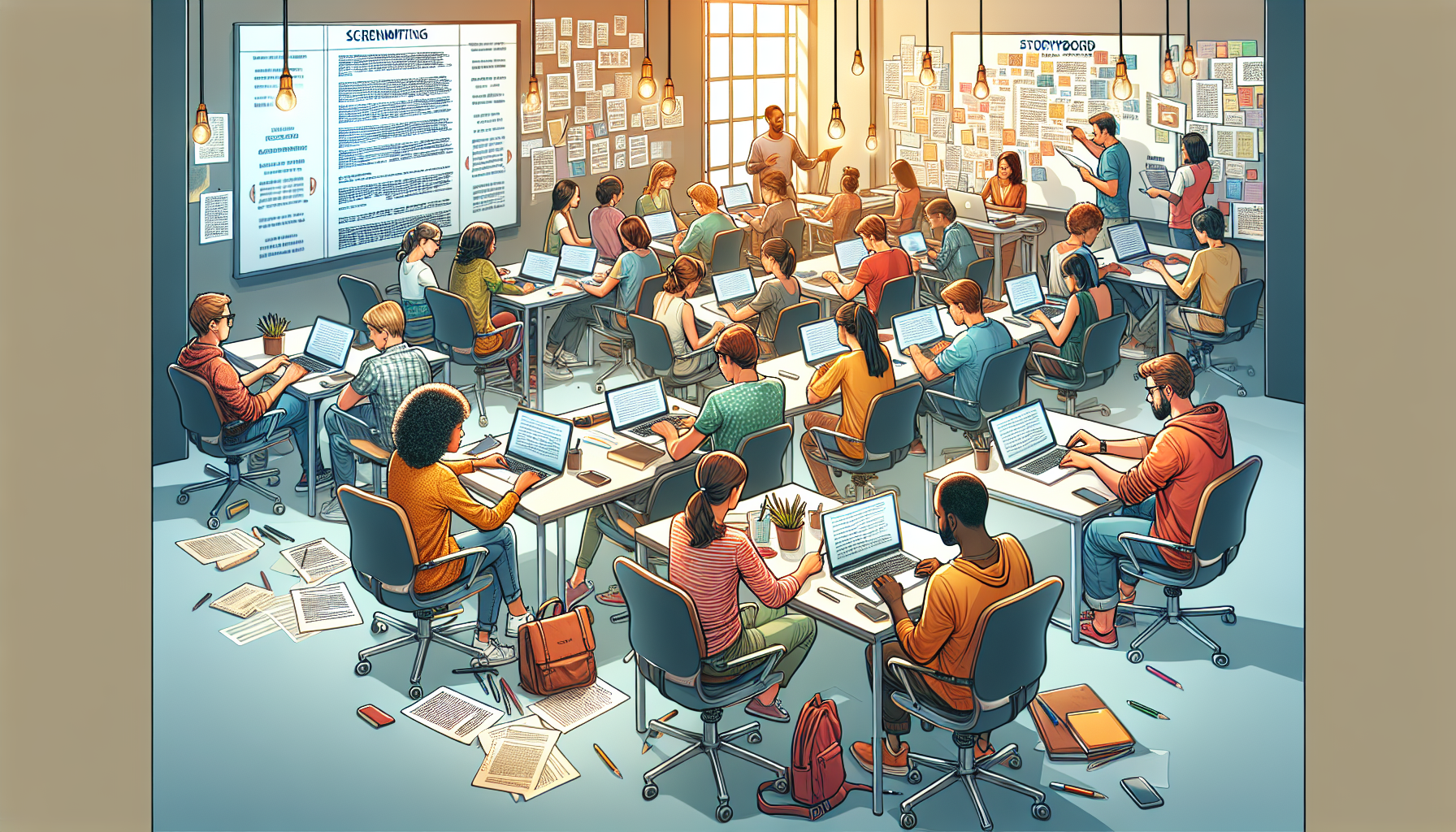 Create an image depicting a vibrant classroom or workshop setting where students are actively engaged in a screenwriting program. The scene should include detailed elements like students working on their laptops, a whiteboard filled with notes on storytelling and character development, and a mentor giving feedback. Papers with script formatting notes and storyboard sketches can be scattered around. Include a diverse group of students collaborating, highlighting the development of essential skills in a screenwriting major.