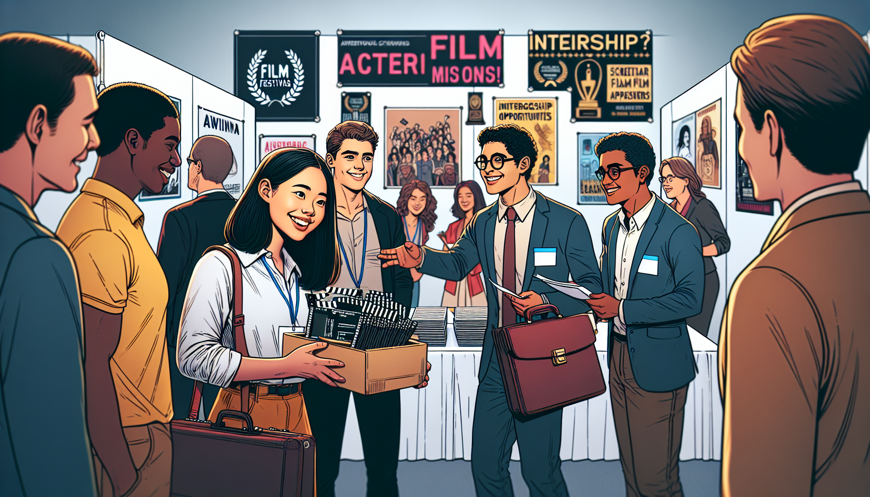 Create an image that illustrates the journey of building a professional network and portfolio as a screenwriting major. The scene takes place at a vibrant film festival, showcasing screenwriters networking with film industry professionals. Attendees are holding scripts, discussing ideas, and exchanging business cards. An internship booth is present, offering opportunities. In the background, there are posters highlighting various film festivals and contests, with some showcasing award-winning scripts. The atmosphere is lively and bustling, symbolizing the career-building activities central to a screenwriting major.