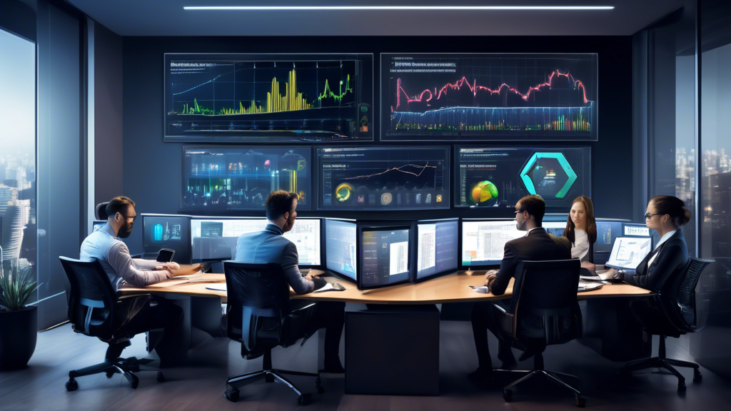 Create an image that depicts a sleek, modern financial office with multiple monitors displaying real-time cryptocurrency market charts and graphs. In the foreground, a diverse team of analysts is actively working, discussing strategies, and using digital tablets and laptops. The background shows a digital whiteboard with flowcharts and diagrams illustrating key strategies like diversification, risk management, and leveraging crypto financial services. Include elements like a Bitcoin symbol and other cryptocurrency logos subtly integrated into the scene to hint at the crypto-centric nature of their work. Overall, convey a sense of innovation, collaboration, and high-tech asset management in the cryptocurrency sector.