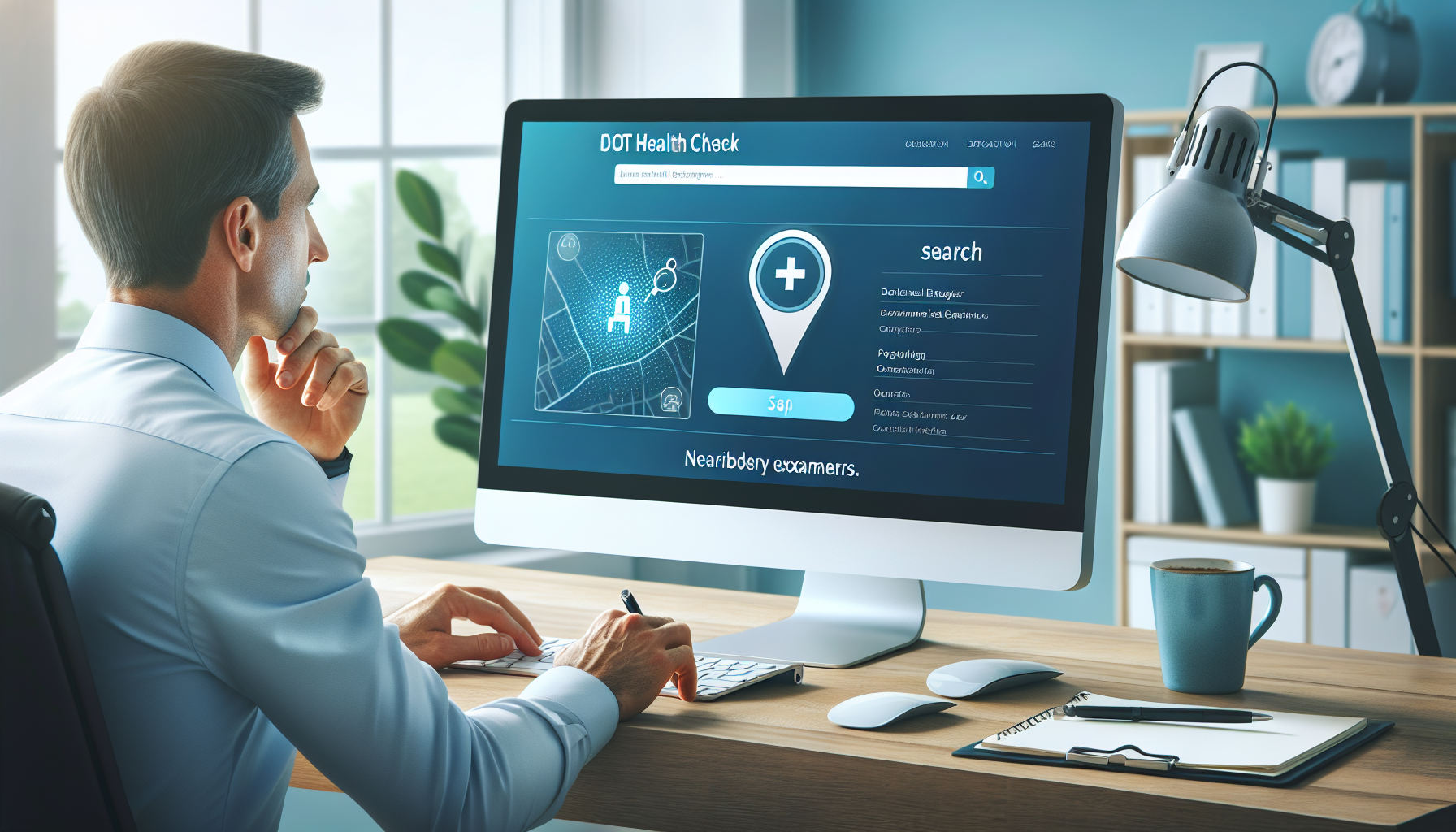 An attentive man sitting at a computer, researching and using the FMCSA National Registry website to find certified medical examiners near his location for a DOT health exam. The screen displays a user-friendly interface with a map pinpointing nearby certified examiners. Nearby, a checklist and calendar lay on the desk, indicating planning and organization, with a cup of coffee suggesting a relaxed, focused environment.