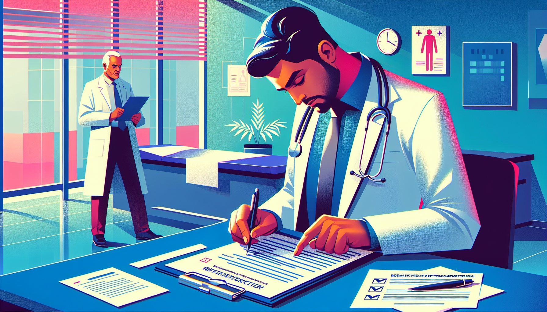 An illustrated guide depicting a man reviewing a checklist of documents needed for a DOT health exam, with a visual background showing a doctor