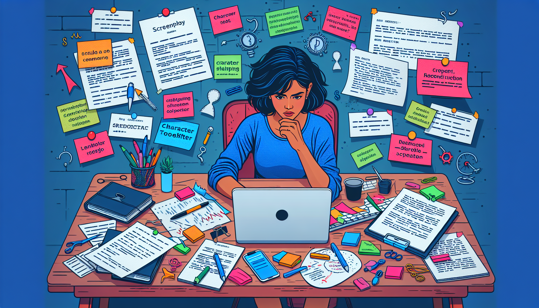Create an image of a screenwriter at their desk, focused on a laptop screen displaying Celtx