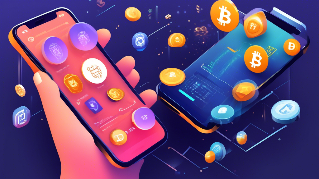 Prompt: Create an image comparing the top-rated apps for buying crypto in 2023. The visual should feature a sleek interface with different smartphone screens displaying various crypto trading app interfaces side by side. Include elements highlighting fee structures, usability, and user reviews, possibly through icons or graphical overlays. A portion of the image should depict a 5-star rating system or customer support features, emphasizing real-world user experiences.