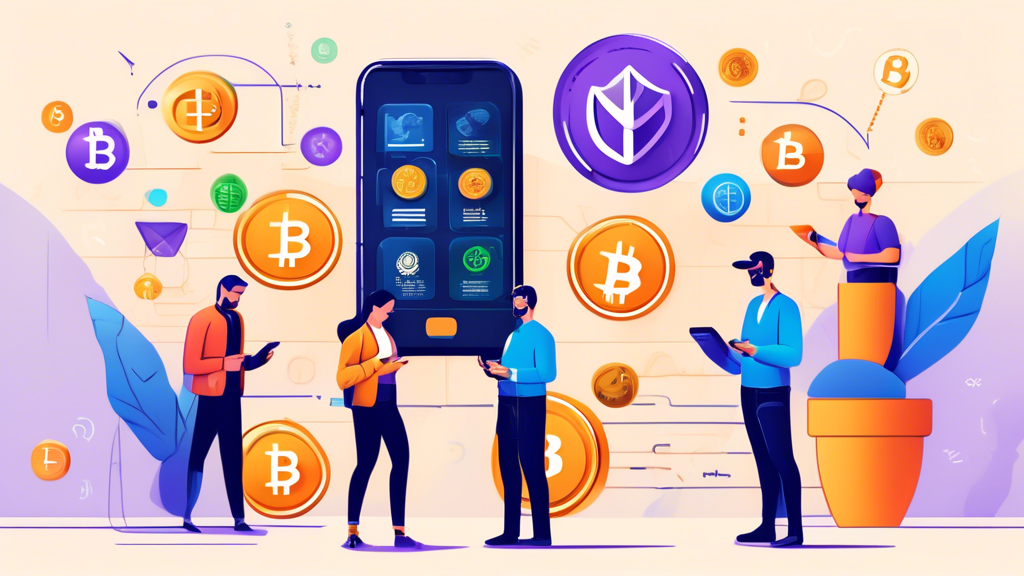 A dynamic digital illustration showcasing people evaluating various cryptocurrency apps on their smartphones. One person is analyzing wallet integration options, another is examining advanced trading tools, while a third is reviewing staking features. Background elements include icons of popular cryptocurrencies (like Bitcoin, Ethereum, and others), compliance checkmarks signifying regional regulations, and charts symbolizing investment strategies. The overall scene conveys a sense of strategic decision-making in choosing the best app to buy crypto for individual needs in 2023.