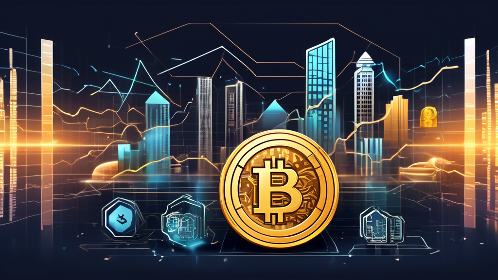 Create an image that captures the driving forces behind the growth of crypto finance coins. Illustrate the following elements: advanced blockchain technology, economic factors such as inflation and investment opportunities, and the adoption by financial institutions like banks. Represent this through a visual blend of digital blockchain icons, economic symbols like graphs or inflation indicators, and traditional banking imagery (e.g., bank buildings integrating digital assets). The overall feel should be modern, dynamic, and informative, highlighting the synergy between technology and finance.