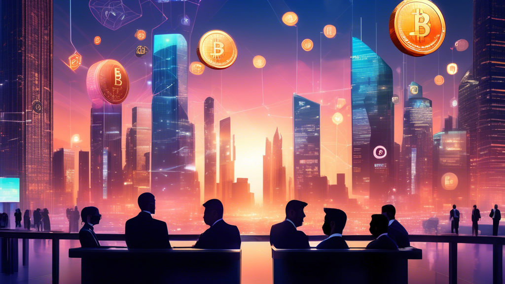A futuristic city skyline lit by digital billboards displaying various crypto finance coin logos. In the foreground, silhouettes of diverse investors and financial regulators engage in discussions, with holographic charts and graphs illustrating market trends and regulatory frameworks. The sky is a blend of sunset hues, symbolizing both the promise and uncertainty of the future of crypto finance coins. Keywords: crypto finance coin, regulation, market trends, investment potential.