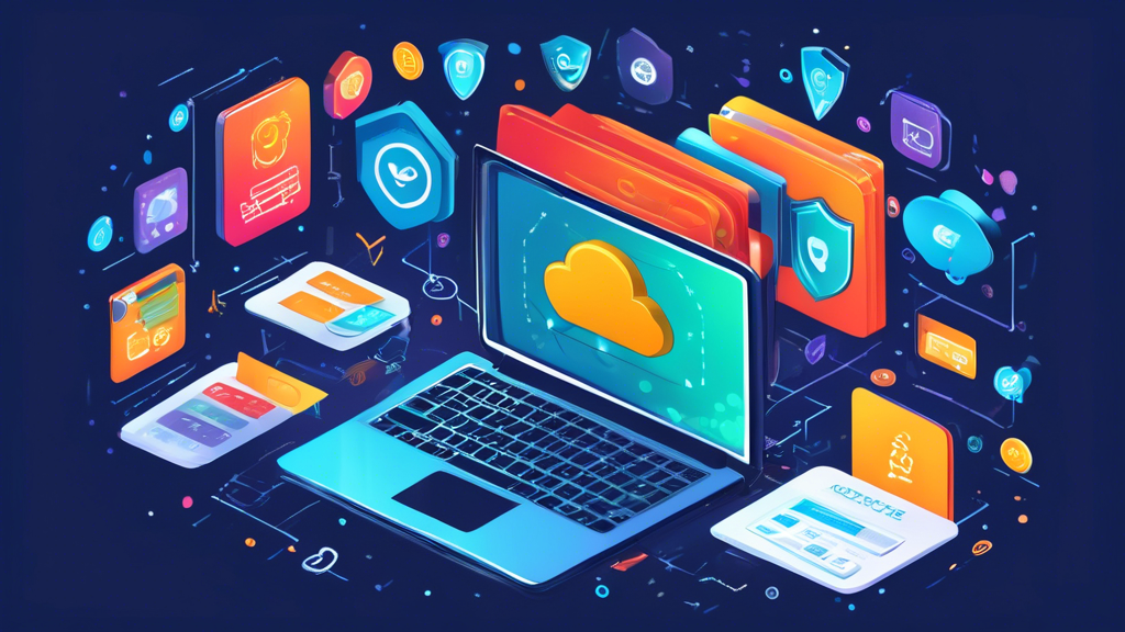 Create an image of a laptop displaying an online storage service interface, surrounded by icons representing technical security measures such as encryption, two-factor authentication, and secure password management. Include visual elements like checkmarks to signify compliance with GDPR and other legal regulations. The background should show a digital cloud to emphasize the cloud storage aspect.