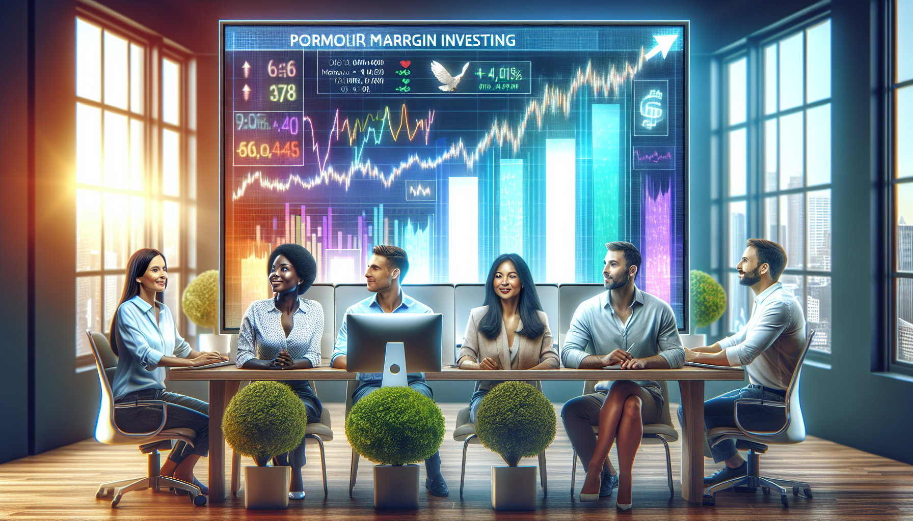 Prompt for DALL-E: Create an image depicting the advantages of using eTrade Portfolio Margin for investments. The image should feature a diverse group of investors looking at a computer screen with a financial dashboard showing metrics such as increased purchasing power and higher returns. Incorporate elements like upward-trending graphs, stocks, and digital currency symbols to highlight the financial benefits. The scene should be set in a modern office environment with vibrant colors suggesting growth and prosperity.
