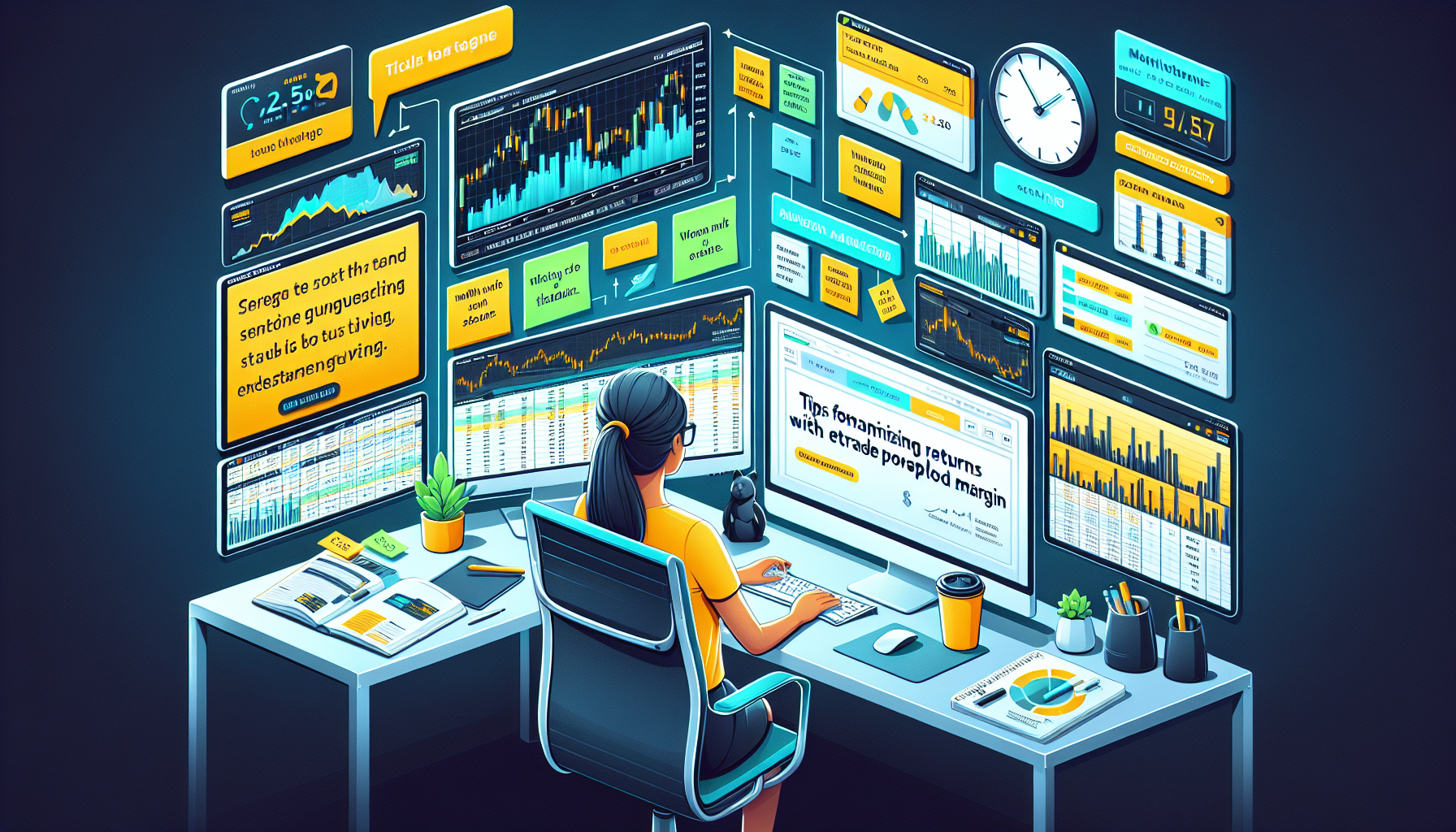 Create an image depicting a sleek, modern stock trader’s workspace with multiple monitors displaying charts and graphs. On one of the monitors, prominently showcase the text Tips for Maximizing Returns with eTrade Portfolio Margin. Include elements like sticky notes with reminders and investment strategies, a coffee cup, and a motivational quote related to smart investing to capture the idea of actionable tips and strategies. The overall aesthetic should be professional and organized, reflecting focus and efficiency.