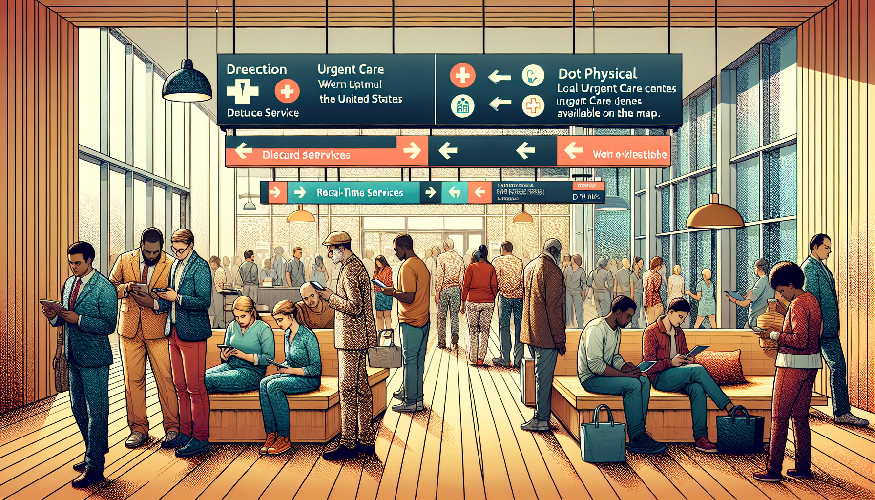 An illustration of a busy urgent care lobby in the United States, showing signs directing to different services including one for 