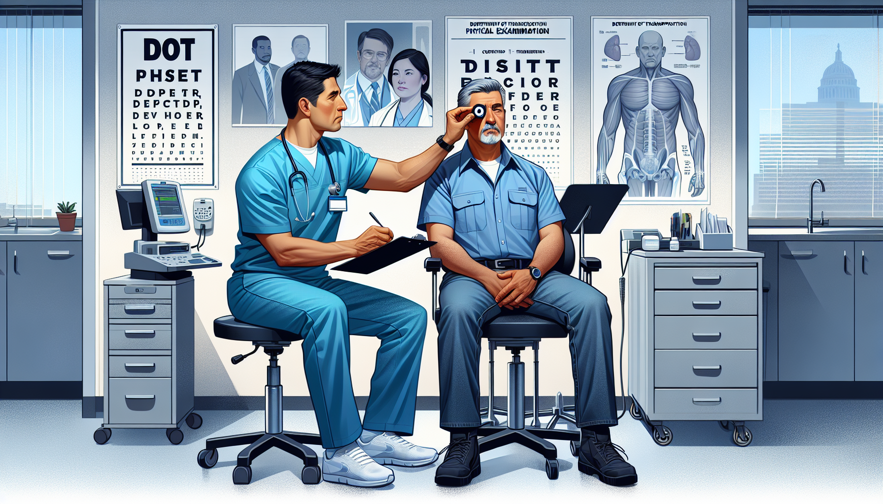 DALL-E generate an image of a serene and professional urgent care clinic room. Visualize a male nurse in blue scrubs performing a vision test on a middle-aged truck driver, depicting a step in the DOT physical process. In the background, include posters on the wall about DOT physical requirements and a calm, welcoming clinic environment. The room should appear equipped with medical tools and a clipboard with DOT physical forms on the desk, emphasizing efficiency and thoroughness in the setting.