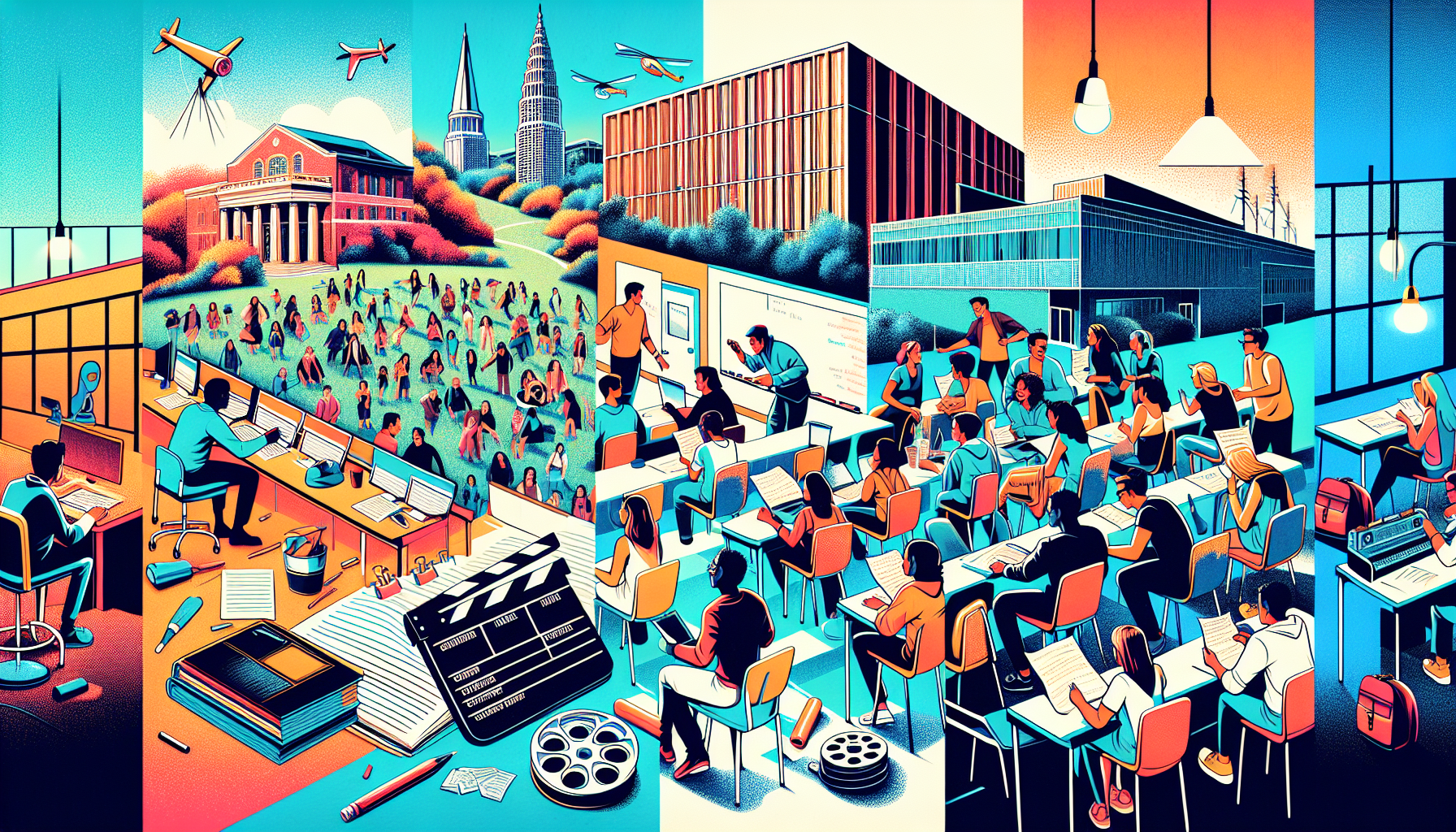 Prompt for DALL-E: 

Create an image of a collage showcasing some of the top screenwriting universities in the United States. Include iconic buildings or landmarks from the University of Southern California (USC), New York University (NYU), and UCLA. Highlight campus cultures with scenes of students collaborating on scripts, working with industry-professional professors, and celebrating at student film festivals. Integrate elements like film reels, scripts, and movie clapperboards to emphasize the screenwriting focus of these universities.