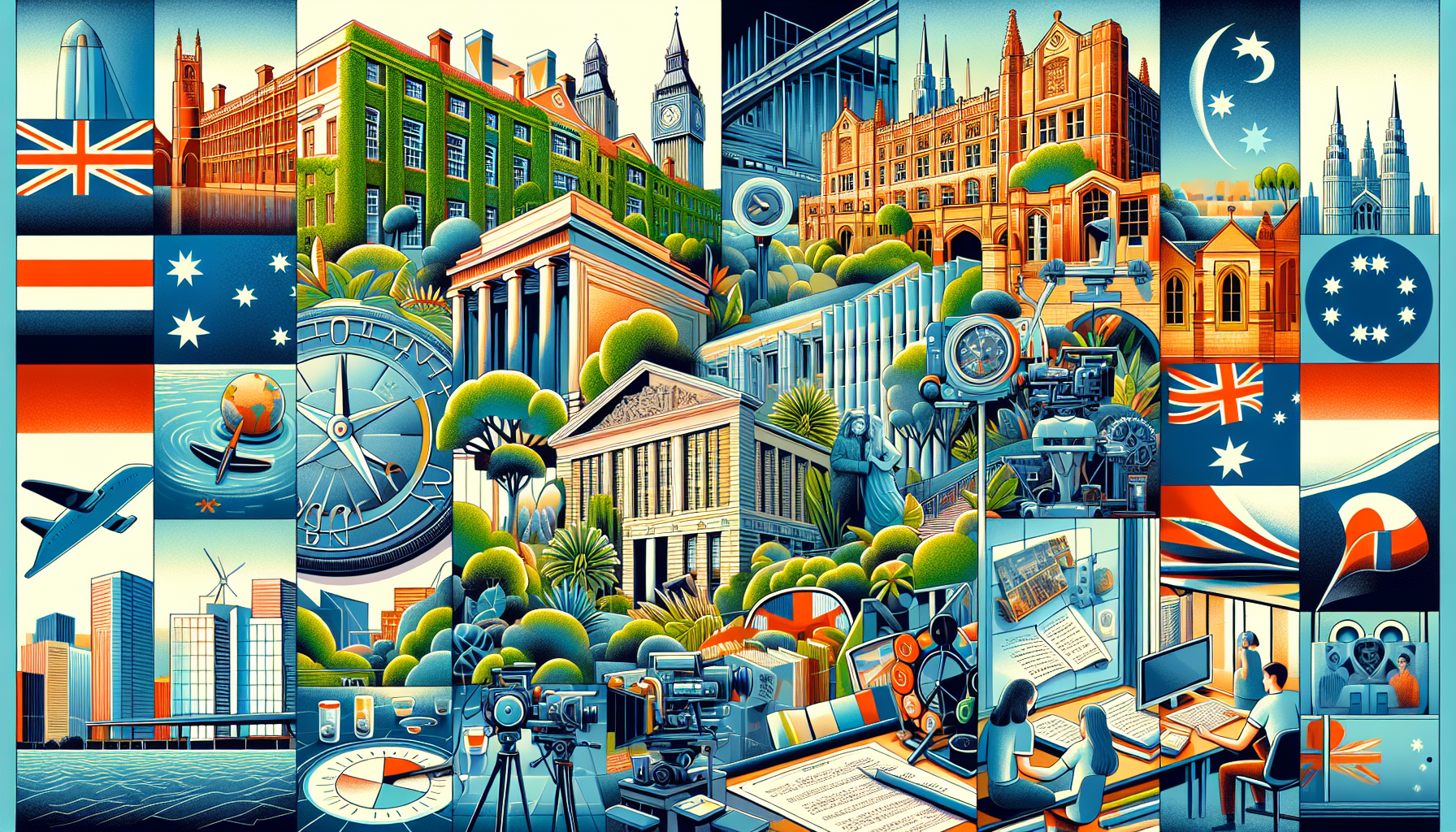 Create an image that showcases renowned international screenwriting universities. Depict a collage of iconic landmarks and famous campuses associated with the National Film and Television School (NFTS) in the UK and the Australian Film, Television and Radio School (AFTRS). Include elements that evoke the global nature of screenwriting, such as diverse students collaborating, film scripts, and cinematic equipment. The backdrop can feature the lush greenery of the UK countryside and the urban sophistication of Sydney, blending together to represent the enriched, international perspective students gain from studying abroad.