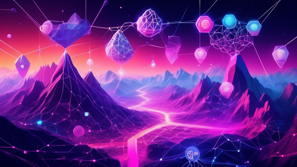 A futuristic digital landscape showcasing the emerging crypto ecosystems of 2022. Highlight Polkadot with its interconnected multi-chain networks, featuring interlinked chains glowing with vibrant colors. Show Avalanche with its unique subnet architecture, represented as multiple interconnected nodes, each symbolizing a collaboration. Include Cardano in the backdrop, emphasizing its proof-of-stake mechanism and environmental impact through green, eco-friendly visuals. The overall image should reflect innovation, sustainability, and advanced blockchain technology.