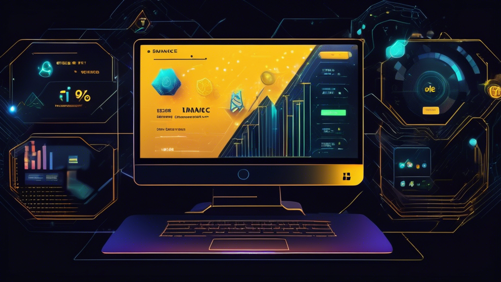 Create an image of a person using a laptop with the Binance exchange interface displayed on the screen. The background features subtle icons and graphs representing advanced crypto tools. On one side of the laptop screen, highlight the 