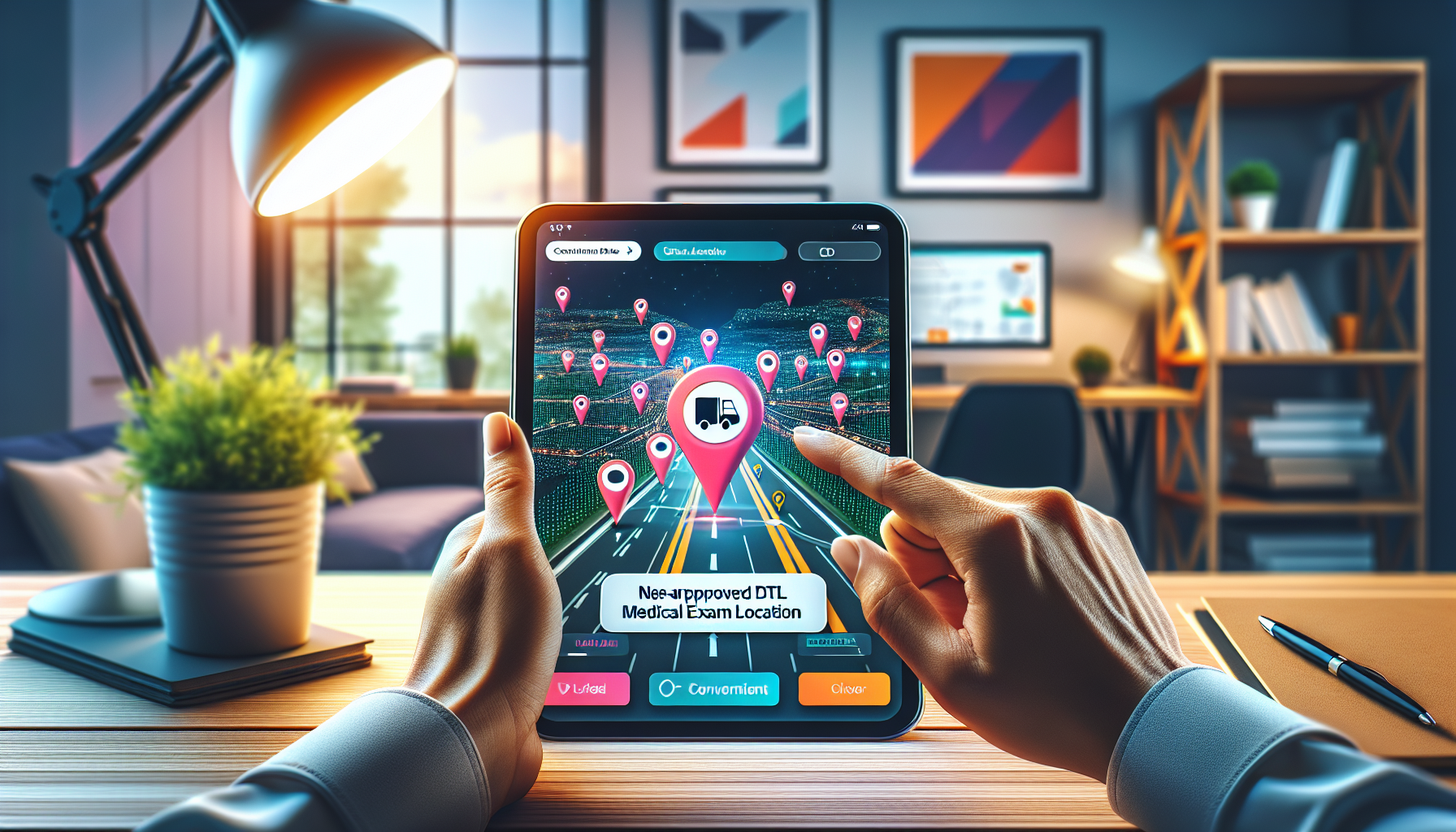 An over-the-shoulder view of a person using a digital tablet to navigate an app showing a map with pins indicating nearby DOT-approved CDL medical exam locations, highlighted features including filtering options for user convenience, in a well-lit home office setting.
