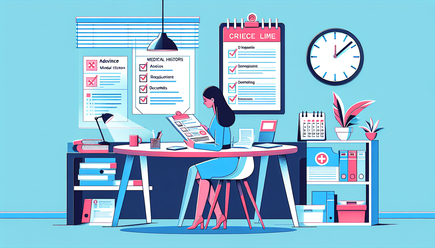 An illustration depicting a person reviewing a checklist of required documents and medical history, sitting at a table with a calendar and a clock showing the time, symbolic of scheduling in advance for a Medical CDL exam.