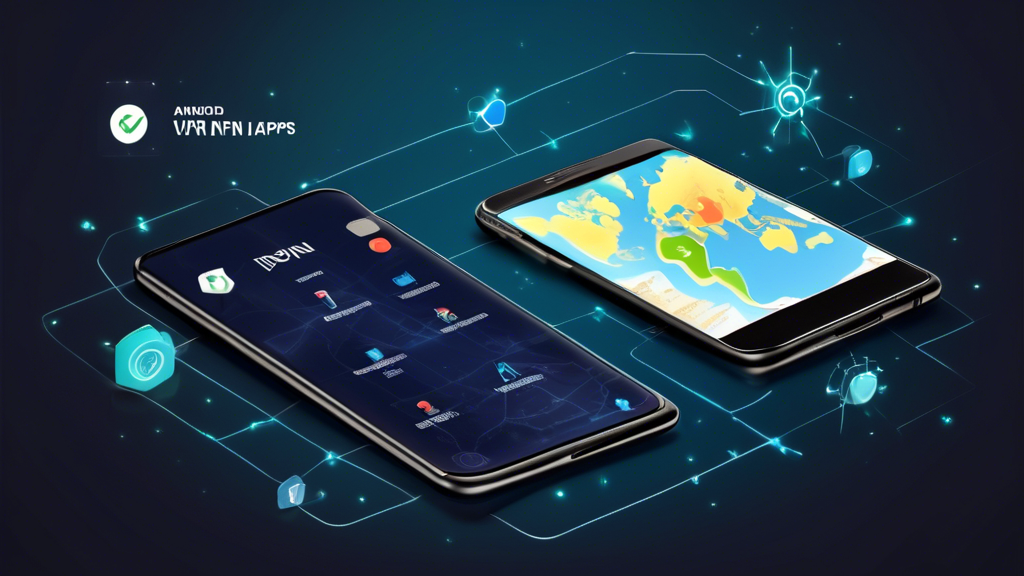 Create an image featuring a sleek, modern Android smartphone displaying three different VPN apps with the interface elements highlighting Free Trial. Include subtle visual cues such as stars for reviews, a calendar icon for trial duration, and icons to represent key features. The background should subtly showcase a world map to symbolize global connectivity and privacy. Ensure the image conveys a sense of ease and security in using the VPN services.