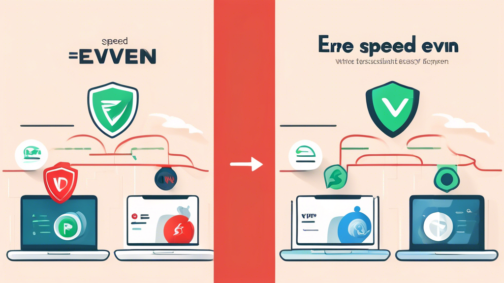 Create an image comparing a basic free VPN service to ExpressVPN, highlighting features like speed, security, and reliability. Show two split screens: one side with a free VPN represented by a slower connection, lower security, and potential risks, while the other side shows ExpressVPN with fast speed, high security, and trustworthiness. Use icons or illustrations to emphasize the differences clearly.