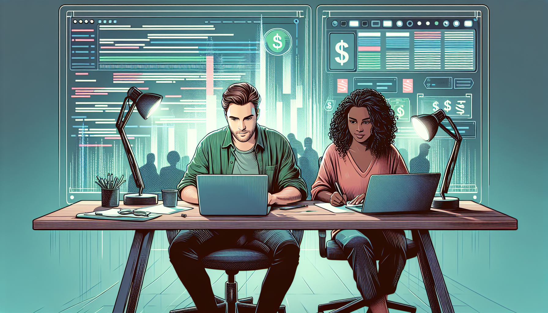 Create an image of a professional film scriptwriter sitting at a desk, with a laptop screen displaying the Celtx software interface. The scene should include price tags or dollar signs subtly integrated into the background, indicating the cost aspect of using Celtx. The overall atmosphere should suggest creativity and productivity within a modern workspace.