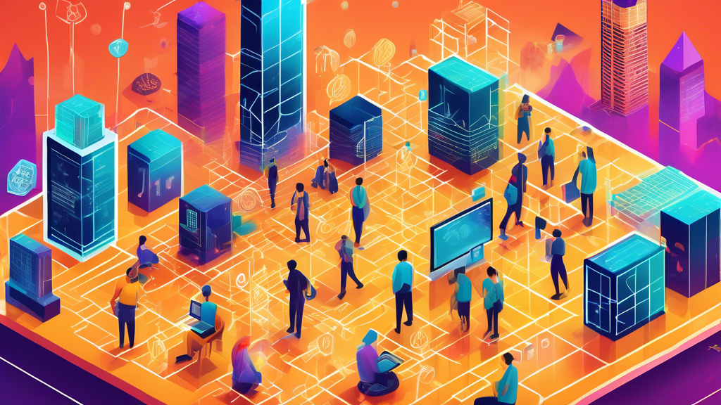 Create an image that captures the surge in popularity of crypto currencies:

An illustration of a vibrant digital landscape with blockchain networks interconnecting like city grids. The foreground features people using various devices to conduct transactions, representing technological advances. Symbols of popular crypto currencies like Bitcoin, Ethereum, and others float around, while a backdrop of economic graphs shows rising trends. Depict elements that showcase individuals