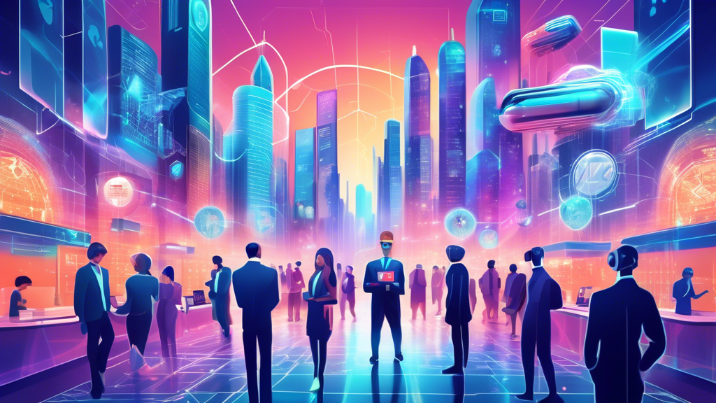 Prompt: Create an image illustrating the future of crypto currencies, showcasing a vibrant cityscape where everyday transactions are seamless through digital and holographic interfaces. Highlight businesses displaying Crypto Accepted Here signs and people using various digital devices for payments. Include elements representing regulatory insights, such as government buildings with blockchain symbols and financial news headlines floating in the air. The image should also depict a futuristic stock market display, indicating dynamic crypto investments trends.