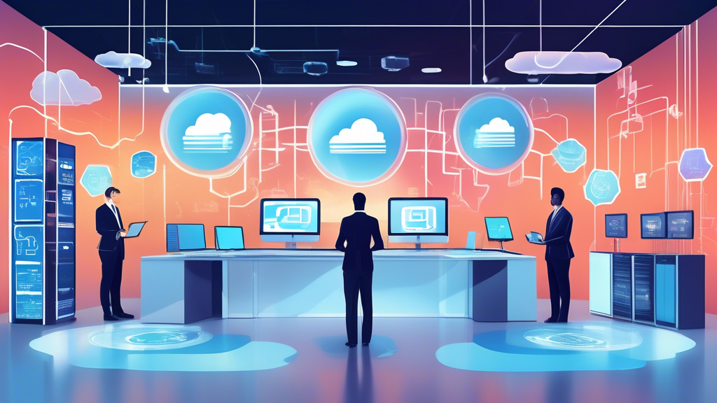 Create an image with the following prompt:

A modern corporate office environment showcasing Cloud Hosting advantages. Illustrate a dynamic scene where various digital screens and holograms display concepts like scalability and flexibility, cost efficiency, and data security. Include visual elements like data charts, business growth indicators, and symbols of security (locks, shields). The background should feature servers and cloud symbols, emphasizing the seamless integration of cloud technology in business operations.